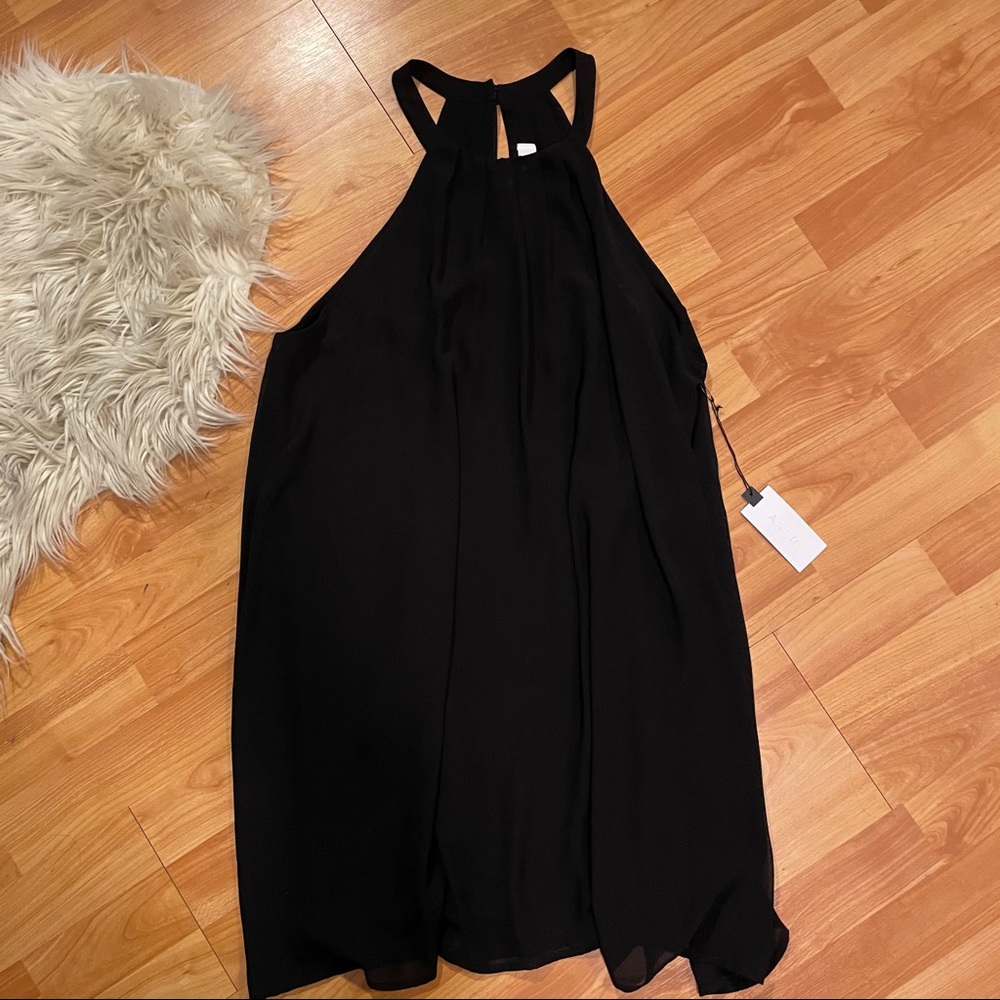 Black chiffon halter dress with pleat detail